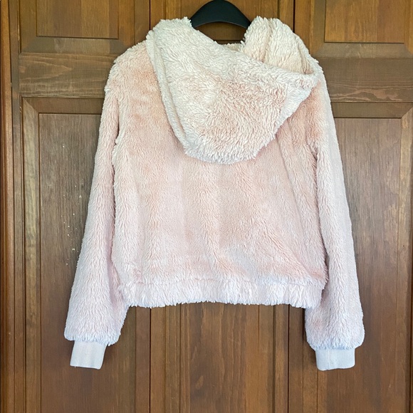 F21 Pink Faux Fur Hooded Jacket w/Black Trim and Satin Lining Medium - Picture 9 of 13